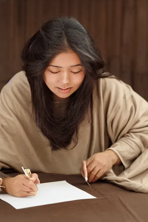 Prompt: Diwani calligrapher shy woman with brown hair in beige hoodie writing on magical paper bamboo pen sparks of it fantasy