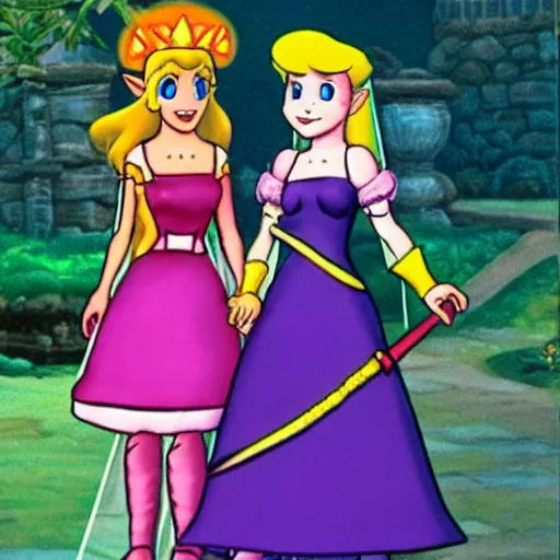 Image similar to photo of the lesbian wedding between princess peach and zelda circa 1 9 8 6