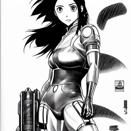 Image similar to alita by yukito kishiro. medium shot. black and white manga. pencil drawing. high detailed face