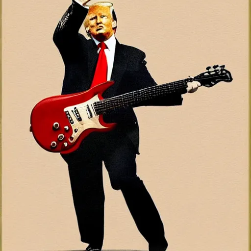 Prompt: President Trump Shredding on an electric guitar in the style of Frank Frazetta