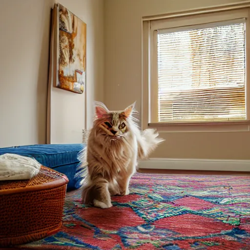 Image similar to cream color maine coon cat chasing a cat feather toy in a sunlit bedroom, hardwood floors with a colorful throw rug, bay window sofa in the background, high energy, by Jeff Easley