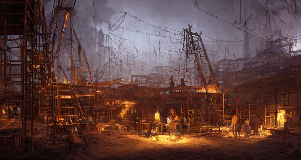 Prompt: book illustration of small wooden village under construction. Wooden scaffolding and workers. Atmospheric beautiful by Eddie mendoza and Craig Mullins. volumetric lights