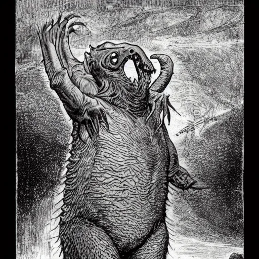 Prompt: a montauk monster as a D&D monster, full body, pen-and-ink illustration, etching, by Russ Nicholson, DAvid A Trampier, larry elmore, 1981, HQ scan, intricate details, Monster Manula, Fiend Folio