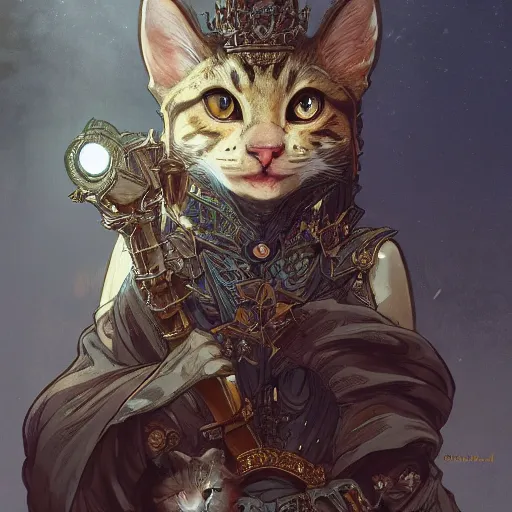 Image similar to A heraldic queen kitty cat with big cute eyes, D&D, fantasy, intricate, cinematic lighting, highly detailed, digital painting, artstation, concept art, smooth, sharp focus, illustration, art by Akihiko Yoshida, Greg Rutkowski and Alphonse Mucha