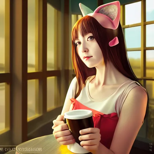 Image similar to a portrait of a girl with cat ear drinking coffee , fantasy, anime , madhouse production, HDR, natural light, shoulder level shot, dynamic pose, award winning photograph, Mucha style 4k,