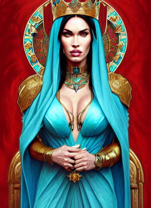 Image similar to portrait of megan fox as a queen, throne, jewelry, greek, turquoise, intricate, headshot, highly detailed, digital painting, artstation, concept art, sharp focus, cinematic lighting, illustration, art by artgerm and greg rutkowski, alphonse mucha, cgsociety