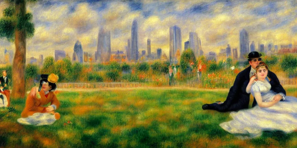 Prompt: a couple in victorian formal attire sitting in grass in front of a skyline of huge futuristic buildings, painting in the style of renoir, 4 k