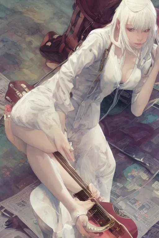 Prompt: a white haired girl with a guitar on her back sitting on the floor taking off her socks, 4 5 angel by krenz cushart and mucha and akihito yoshida and greg rutkowski, 4 k resolution blackmagic ursa mini pro 1 2 k canon fujifilm sony alpha nikon