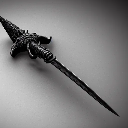 Image similar to a black sword skull handle, ornament, weapon, a 3 d render by dom qwek, studio lighting, raytracing, trending on polycount, futurism, hard surface modeling, rendered in maya, 3 ds max, blender, artstation hd, vray, front side view