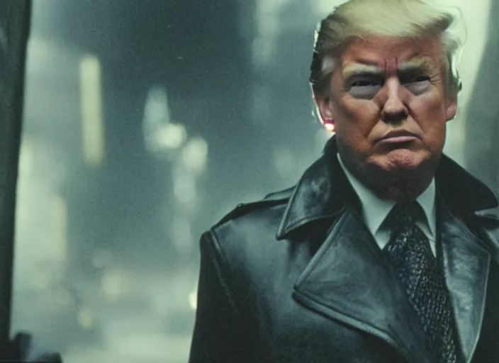 Prompt: film still donald trump wearing leather coat as a detective in blade runner, 8 k