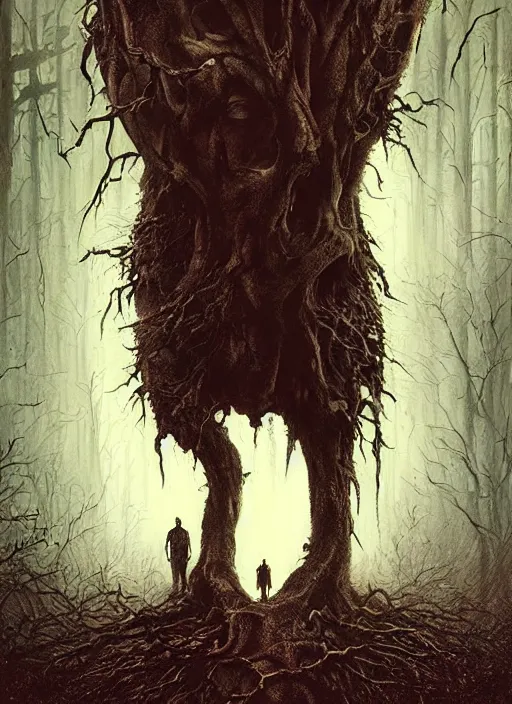 Image similar to highly detailed horror movie poster with angry creepy keanu reeves as a tree, keanu reeves faces in the bark of many trees sentient leafy catastrophe by greg rutkowski, masterpiece, really funny, 1 0 / 1 0 creepy