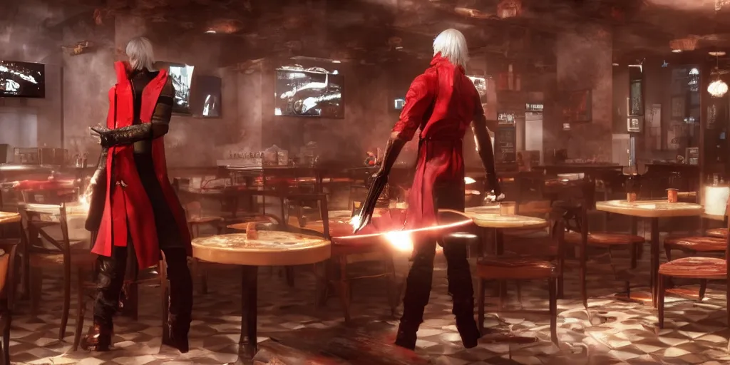 Prompt: Dante from Devil May Cry in a Pizzeria, realistic 4k octane beautifully detailed render, 4k post-processing, highly detailed, intricate complexity, epic composition, magical atmosphere, cinematic lighting, masterpiece, ultra hd