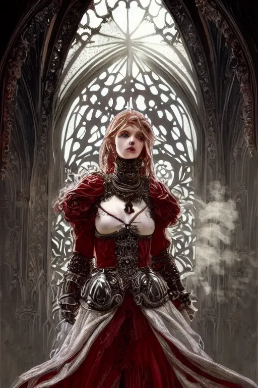 Image similar to beautiful luxury and elite and victorian and holy medieval female red and white silver mirror color armor knight portrait+smoky eyes+light flowing hair, in ruin gothic cathedral, ultradetail face, art and illustration by tian zi and craig mullins and WLOP and alphonse mucha, fantasy, intricate complexity, human structure, fantasy world concept, watermark, blurry, hyperrealism 8k