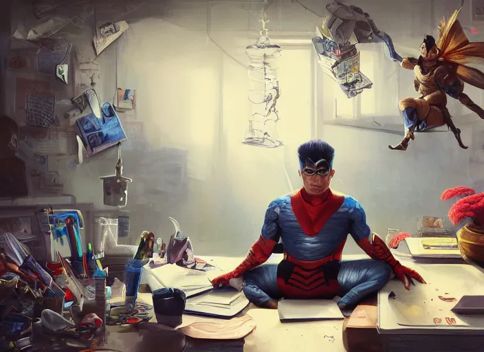 Image similar to an insanely detailed painting of an asian man wearing a homemade superhero costume, sitting at a desk, staring seriously at the computer and typing, in the style of peter mohrbacher, james jean, artgerm, dramatic lighting and composition, surreal background, octane render, pixar, trending on artstation, concept art, comic book, view from behind, 8 k