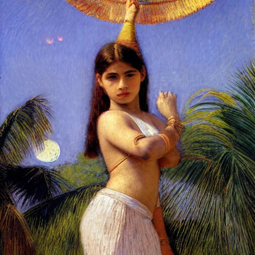 Image similar to a ultradetailed beautiful painting of the moon girl on the amazonas palace by jules bastien - lepage, hans belmer, frank weston and gustave baumann, trending on artstation, mediterranean, palm trees, light sparkles, sharp focus, soft light, 8 k 4 k