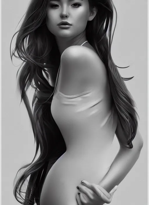 Image similar to full body portrait of a beautiful young woman in black and white, photorealistic, hair down to waist, sharp focus, in the style of Kevin Kostic, Stephen Lau and artgerm, hyper sharp focus, 8k highly detailed