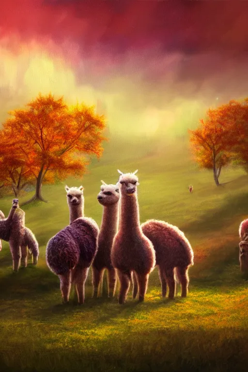 Image similar to magical alpacas frolicking in a field, autumn, illustration, light beams, digital art, oil painting, fantasy, 8 k, trending on artstation, detailed