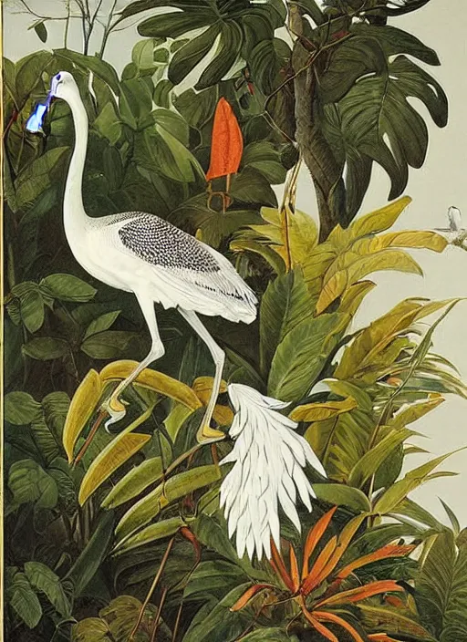 Prompt: tiger, white crane, tropical plants, botanical, large exotic flowers, biology, realistic, painted by john audubon