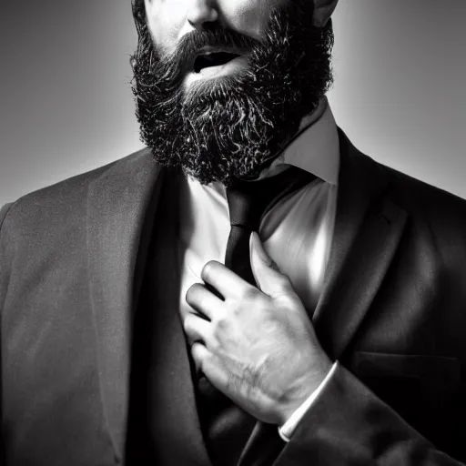 Image similar to bearded rugged man, noir detective, suit and tie, 4 k, photo realistic, black and white