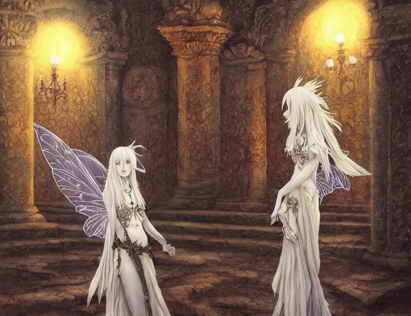 Prompt: faerie albino raven in the palace courtyard. this oil painting by the award - winning mangaka has a beautiful composition, great sense of depth, dramatic lighting and intricate details.