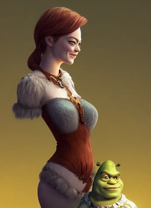 Image similar to portrait of emma stone as shrek, naturel, hyper detailed, digital art, trending in artstation, cinematic lighting, studio quality, smooth render, unreal engine 5 rendered, octane rendered, art style by klimt and nixeu and ian sprigger and wlop and krenz cushart.