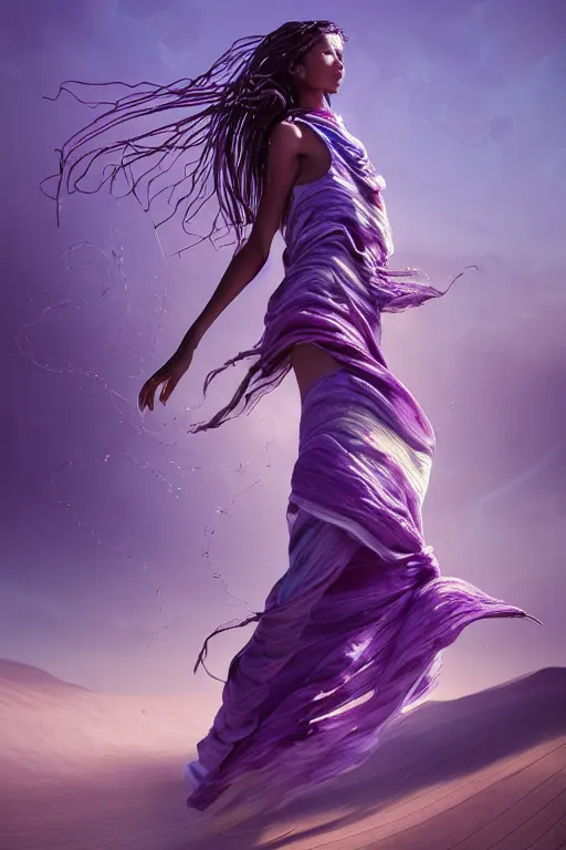 Prompt: full lenght flowing twisted clothes like tornado a old tuareg woman, many fabric, stones near foot, wind, stands on sand, full body shot, dark background, pastel purple colour scheme, giant gladiola betta fish!! jellyfish phoenix, highly detailed. by wlop, tooth wu, greg rutkowski, alena aenami, beeple