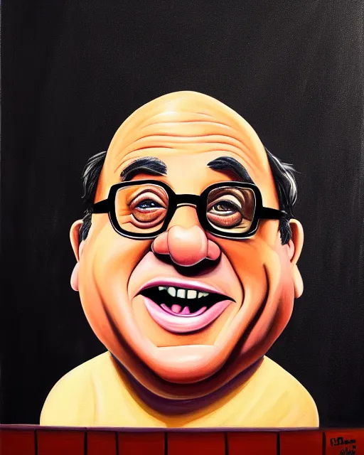 Image similar to painting portrait of danny devito as a rum ham, cartoon, warm lighting, danny devito has a rum ham body, danny devito's face on a rum ham. movie poster, trending on art station