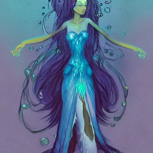 Image similar to beautiful otherworldly female water elemental spirit wearing a dress made of magic water, jordan jacinto, kelly mckernan, amy sol, 4 k digital concept art, character design, artstation, cgsociety