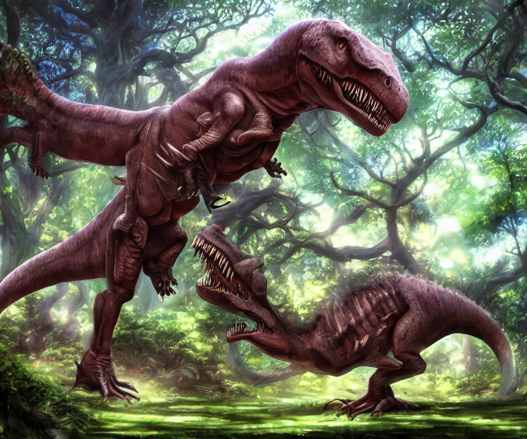 Image similar to t - rex in a forest, anime fantasy illustration by tomoyuki yamasaki, kyoto studio, madhouse, ufotable, comixwave films, trending on artstation