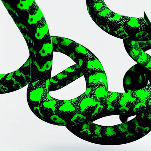 Image similar to an illustration of a green and black neon mechanical snake, octane render, 3D