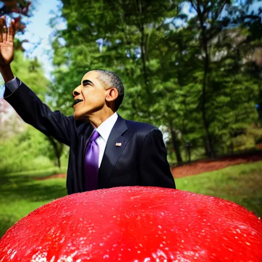 Image similar to portrait photo of Obama finding a giant red mushroom, exhilarated, portrait, closeup. mouth open, 30mm, bokeh