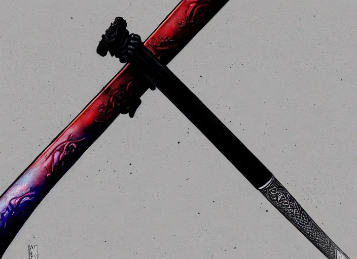 Prompt: hyper realistic detailed image of katana sword on concrete background, by ayami kojima, amano, beeple, greg hildebrandt, and mark brooks, mystical, renaissance color palette, cinematic light, long cinematic shot by andrei tarkovsky, extremely detailed, very coherent symmetrical artwork