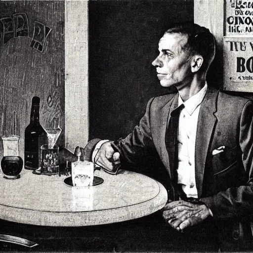 Prompt: a portrait of a man in the 1 9 6 0 s drinking alone in a bar late at night, black and white monochrome, by norman rockwell