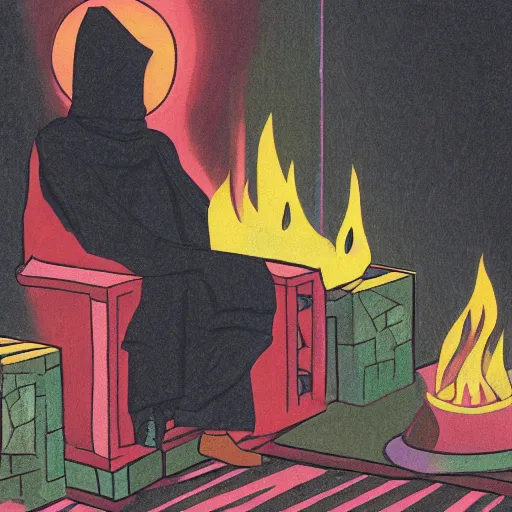 Prompt: full page detailed colored illustration of shadowy man in a dark cloak in front of fire