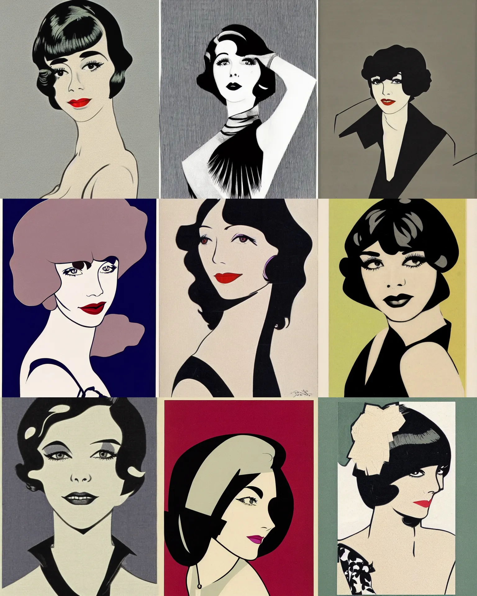 Image similar to Colleen Moore 25 years old, bob haircut, portrait by Patrick Nagel, 1920s, patterned