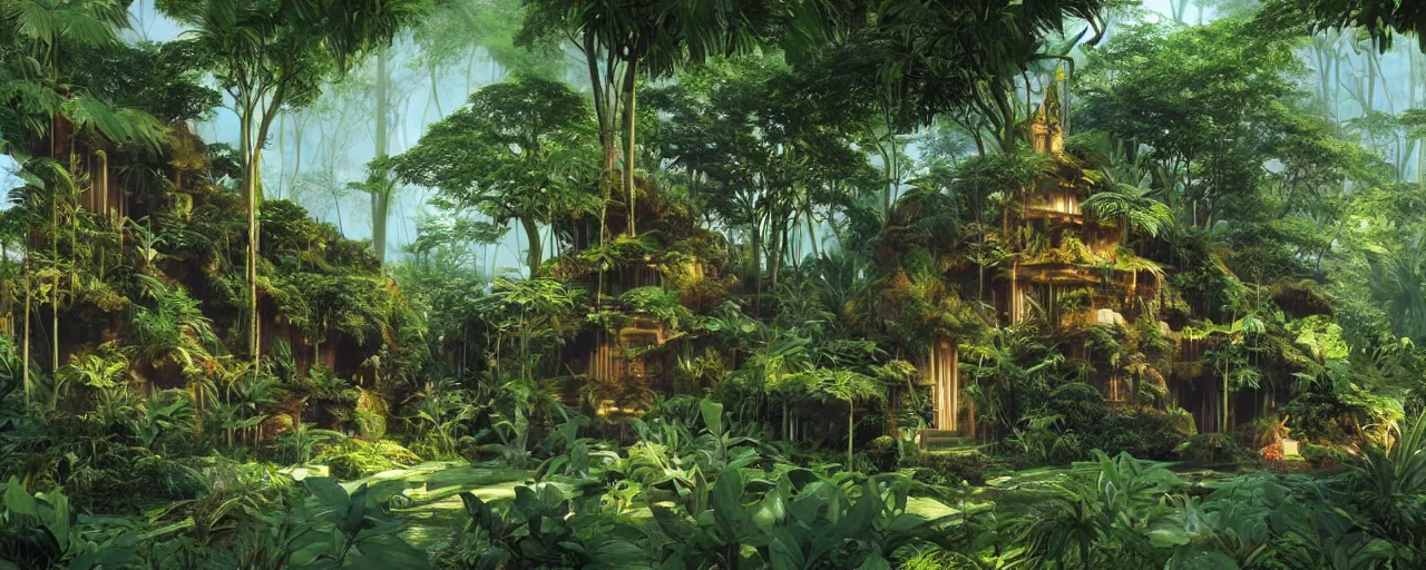 Image similar to a mystic temple in an overgrown rainforest, by roger dean, by syd mead, detailed, meticulous, realistic shadows, rendered in lumion, matte painting