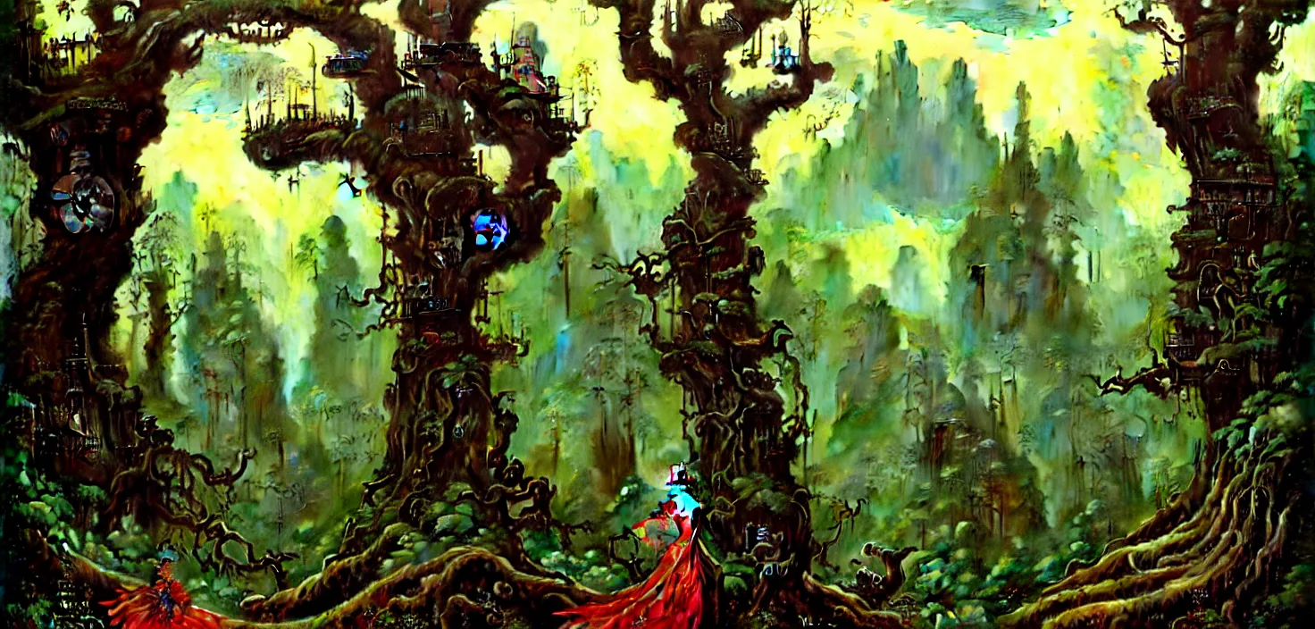 Image similar to exquisite imaginative fantasy landscape lush forests, moody sky, gnarly trees, with steampunk castles movie poster by : : norman rockwell, sargent, james gurney weta studio, trending on artstation james jean frank frazetta