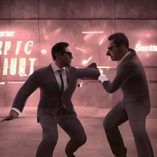 Image similar to Markiplier fighting Senator Armstrong, photorealistic, high resolution, cinematic lighting