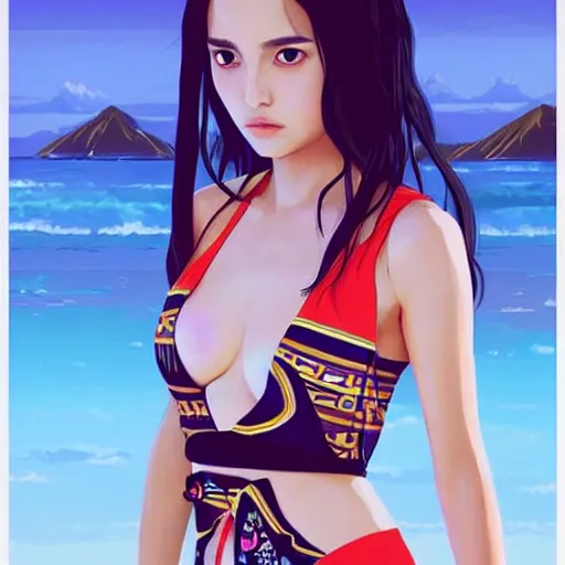 Image similar to a beautiful young japanese natalie portman alluring gravure model, stylized concept art, wearing elegant designer bomber jacket and one piece bikini, bomber jacket with mesoamerican patterns, mesoamerican native street fashion, princess mononoke, painted by ilya kuvshinov aesthetic, gorgeous, stunning, alluring, attractive, artstation, pinterest, digital art