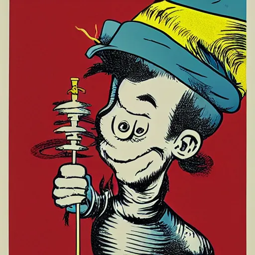 Prompt: Portrait of the Flash by Shepard Fairey and Maurice Sendak and Dr Seuss