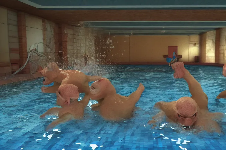 Image similar to photo, two old men fight pig mutants 4 0 1 2 7 inside a swimming pool, highly detailed, scary, volumetric lighting, front view