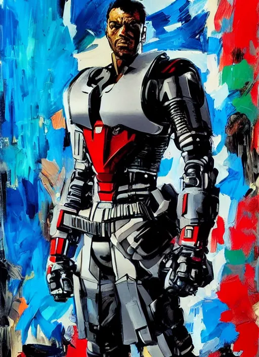 Image similar to marvel mcu falcon, wearing futuristic cybernetic battle armor, by ashley wood, yoji shinkawa, jamie hewlett, 6 0's french movie poster, french impressionism, vivid colors, palette knife and brush strokes, dutch angle