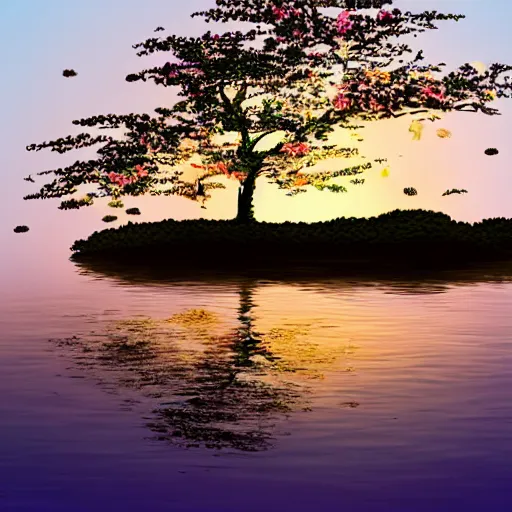 Prompt: a small island in the middle of the ocean, the water is smooth and reflective, there is a cherry tree on the island, pale sunset background, ghibli style