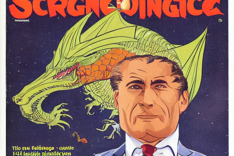 Image similar to 1 9 7 9 science fiction monthly cover depicting great dragon in a suit as a news anchor talking head. perfectly symmetrical face, highly detailed, masterpiece.