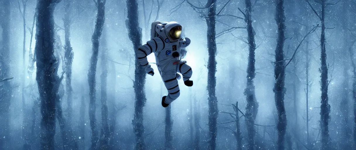 Prompt: close - up shot of flying body of space astronaut in weightlessness inside siberian snow forest, big green pines, small foggy and gloomy, blue lights, bokeh background, highly detailed science fiction illustration by jeremy geddes. photorealistic, octane render, hyper detailed, 8 k, movie still, artstation, unreal engine