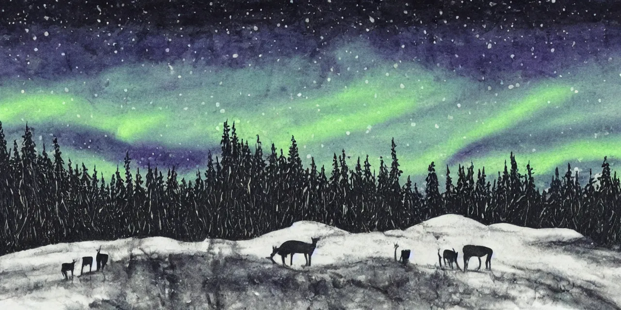 Image similar to laurentian appalachian mountains in winter, unique, original and creative black ink surrealist landscape artwork, snowy night, aurora borealis, deers, lonely human, fascinating textures, dripping paint