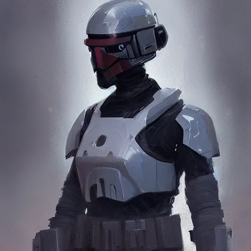 Image similar to concept art of a portrait by greg rutkowski, a soldier of the galactic dominion wearing gray and purple tactical gear, star wars expanded universe, smooth, sharp focus, artstation hq.