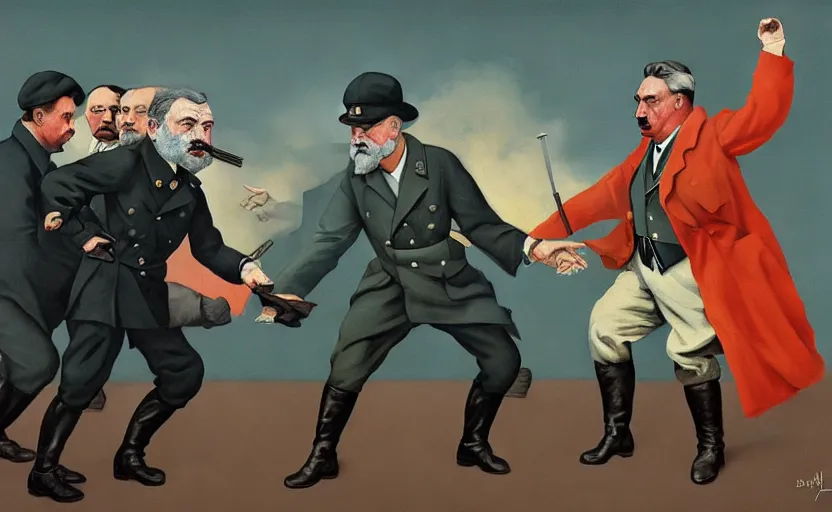 Image similar to Karl marx and hitler with stalin fighting each other, highly detailed, very coherent, painted by Francis Bacon and Edward Hopper, Wayne Barlowe, painted by James Gilleard, surrealism, airbrush, art by JamesJean