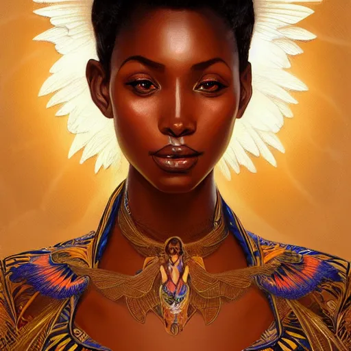 Prompt: portrait of very very very very very very beautiful african woman with angels wings, spacesuit, orange eyes, intricate, elegant, highly detailed, digital painting, artstation, concept art, smooth, sharp focus, illustration, art by artgerm and greg rutkowski and alphonse mucha