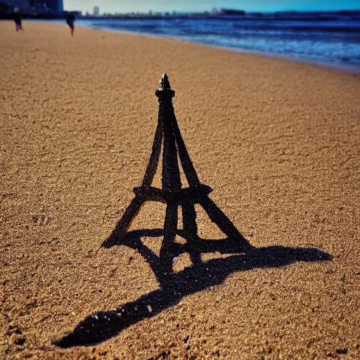 Image similar to photography of eiffel tower made of sand on the beach with the ocean in background